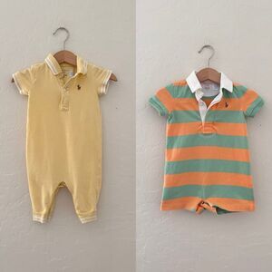 Ralph Lauren Baby Boy 3M & 6M Polo Romper  Short Sleeve Pony Yellow Green Orange